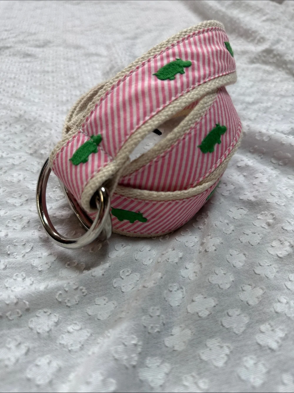 J. Crew Pink Stripe Green Hippo Cotton Canvas Belt S/M
